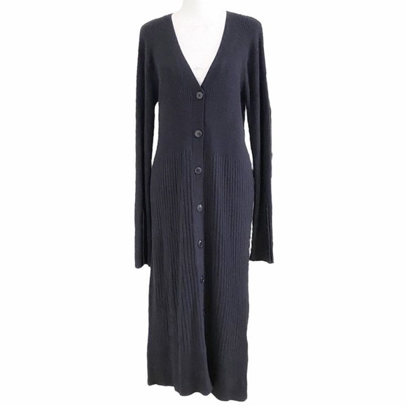 Zara Dresses & Skirts - ZARA KNIT NAVY GREY SILK CASHMERE BLEND BUTTON FRONT RIBBED  MAXI DRESS - M